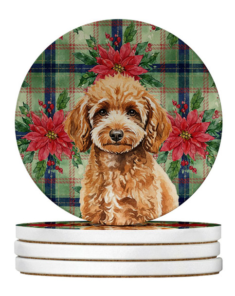 Miniature Apricot Poodle Christmas Poinsettias Large Sandstone Absorbent Round Coasters Pack of 4 product image at NuMercy