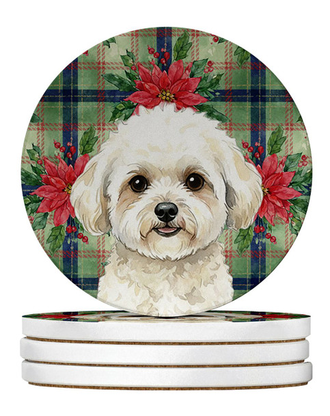 White and Cream Bichon Frise Christmas Poinsettias Large Sandstone Absorbent Round Coasters Pack of 4 product image at NuMercy
