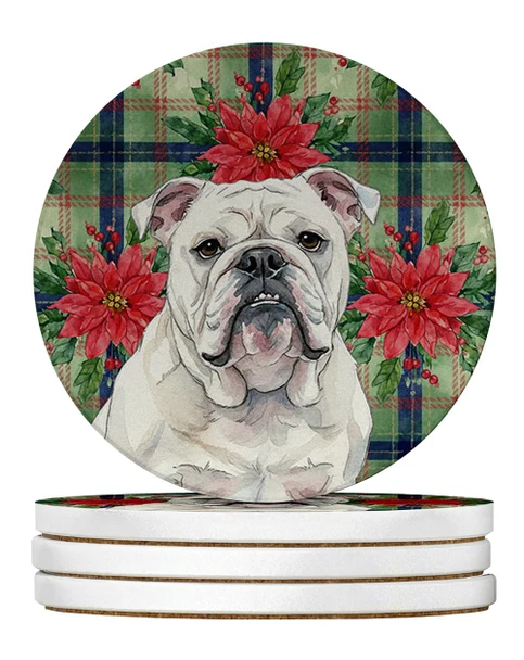 White English Bulldog Christmas Poinsettias Large Sandstone Absorbent Round Coasters Pack of 4 product image at NuMercy