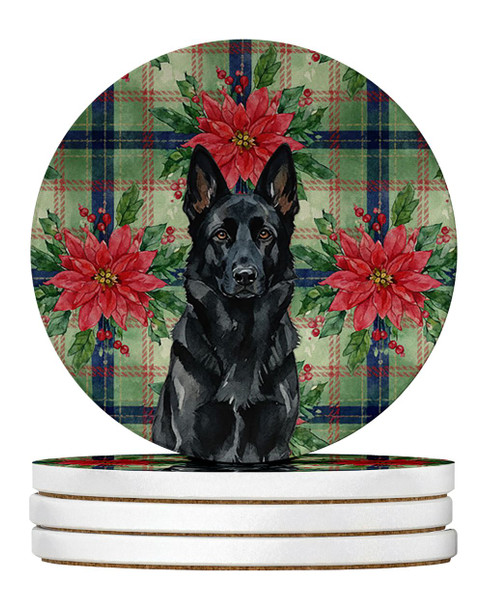 Black German Shepherd Christmas Poinsettias Large Sandstone Absorbent Round Coasters Pack of 4 product image at NuMercy