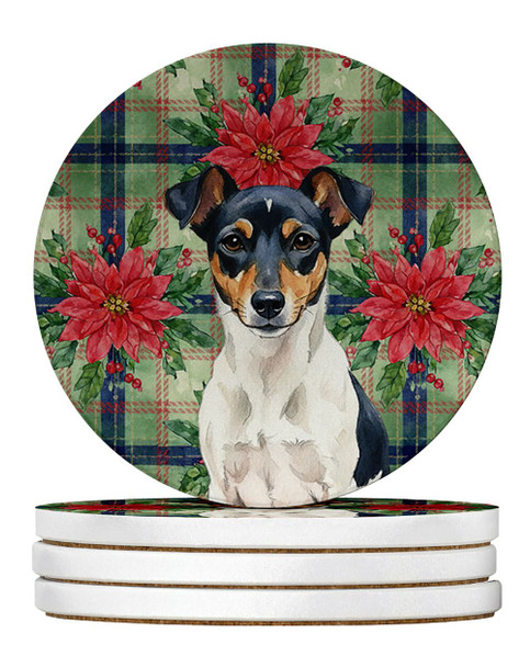Tricolor Rat Terrier Christmas Poinsettias Large Sandstone Absorbent Round Coasters Pack of 4 product image at NuMercy