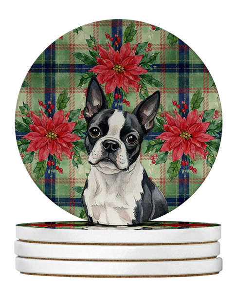 Boston Terrier Christmas Poinsettias Large Sandstone Absorbent Round Coasters Pack of 4 product image at NuMercy