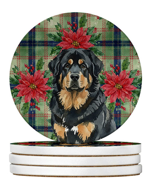 Black and Tan Tibetan Mastiff Christmas Poinsettias Large Sandstone Absorbent Round Coasters Pack of 4 product image at NuMercy