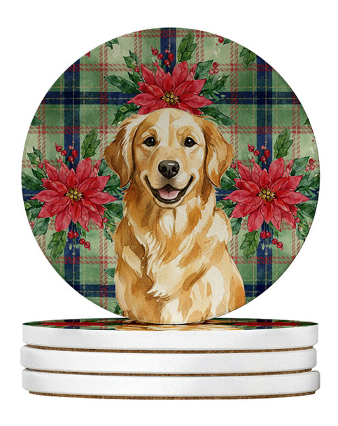 Golden Retriever Christmas Poinsettias Large Sandstone Absorbent Round Coasters Pack of 4 product image at NuMercy