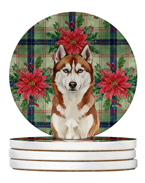 Red and White Siberian Husky Christmas Poinsettias Large Sandstone Absorbent Round Coasters Pack of 4 product image at NuMercy