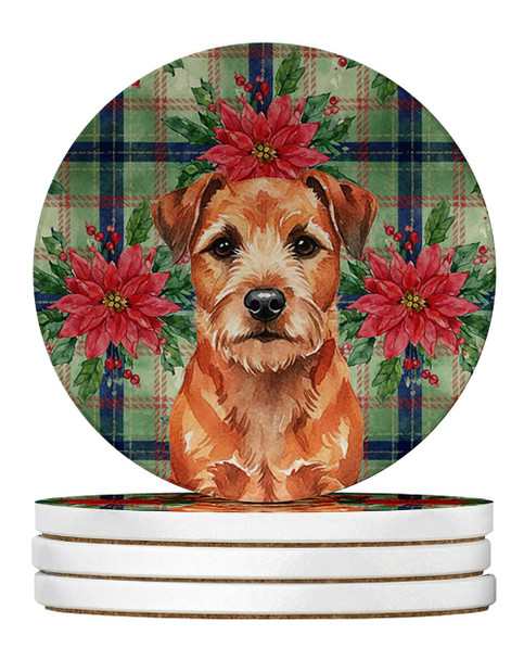 Red Border Terrier Christmas Poinsettias Large Sandstone Absorbent Round Coasters Pack of 4 product image at NuMercy