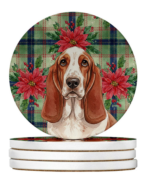 Red and White Basset Hound Christmas Poinsettias Large Sandstone Absorbent Round Coasters Pack of 4 product image at NuMercy