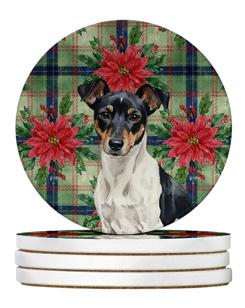Black and White Rat Terrier Christmas Poinsettias Large Sandstone Absorbent Round Coasters Pack of 4 product image at NuMercy