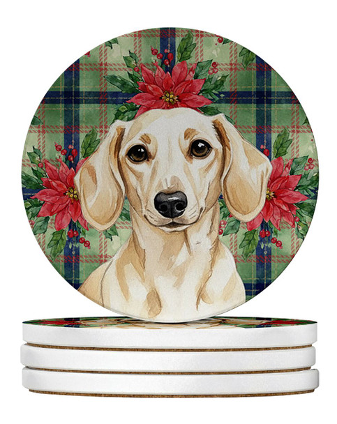 Cream Dachshund Christmas Poinsettias Large Sandstone Absorbent Round Coasters Pack of 4 product image at NuMercy