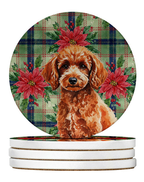 Toy Red Poodle Christmas Poinsettias Large Sandstone Absorbent Round Coasters Pack of 4 product image at NuMercy