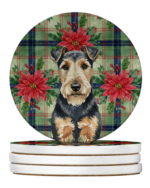 Welsh Terrier Christmas Poinsettias Large Sandstone Absorbent Round Coasters Pack of 4 product image at NuMercy