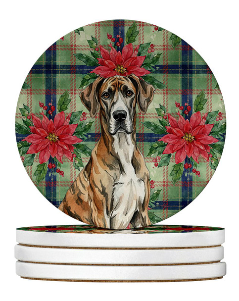 Brindle Great Dane Christmas Poinsettias Large Sandstone Absorbent Round Coasters Pack of 4 product image at NuMercy