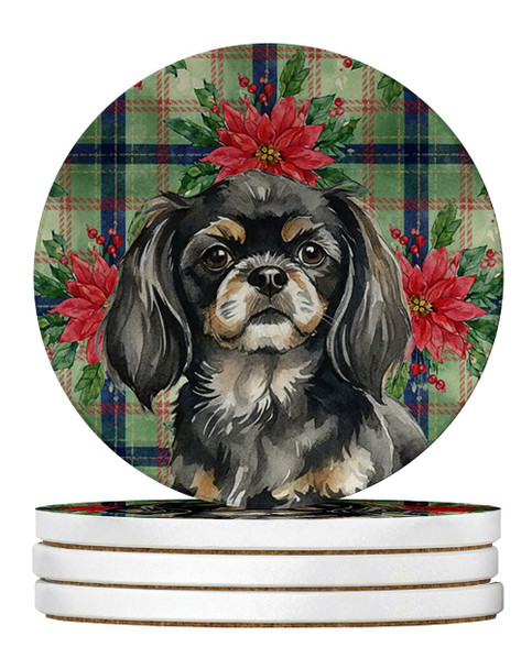 Black and Tan Tibetan Spaniel Christmas Poinsettias Large Sandstone Absorbent Round Coasters Pack of 4 product image at NuMercy