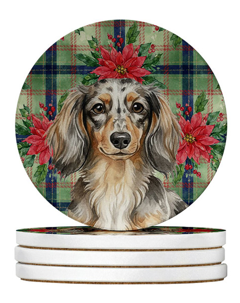 Longhaired Dapple Dachshund Christmas Poinsettias Large Sandstone Absorbent Round Coasters Pack of 4 product image at NuMercy
