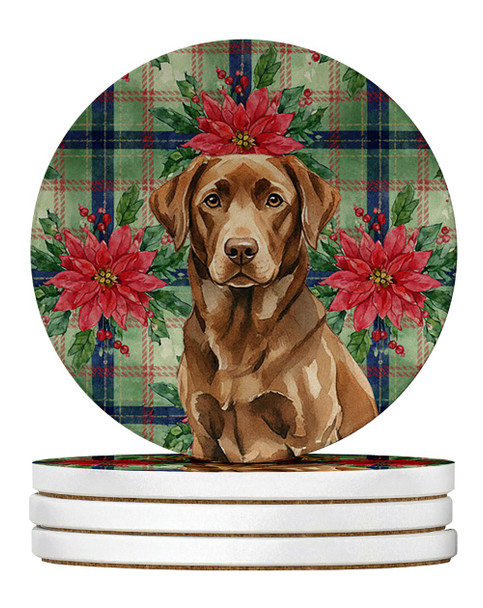 Chocolate Labrador Retriever Christmas Poinsettias Large Sandstone Absorbent Round Coasters Pack of 4 product image at NuMercy