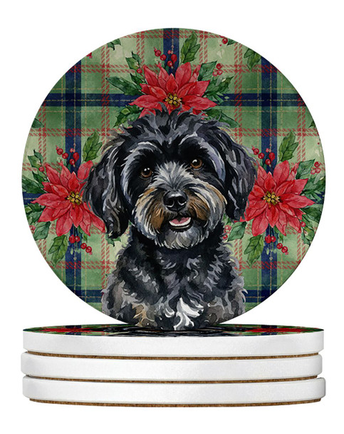 Black Havanese Christmas Poinsettias Large Sandstone Absorbent Round Coasters Pack of 4 product image at NuMercy