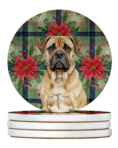 Bullmastiff Christmas Poinsettias Large Sandstone Absorbent Round Coasters Pack of 4 product image at NuMercy