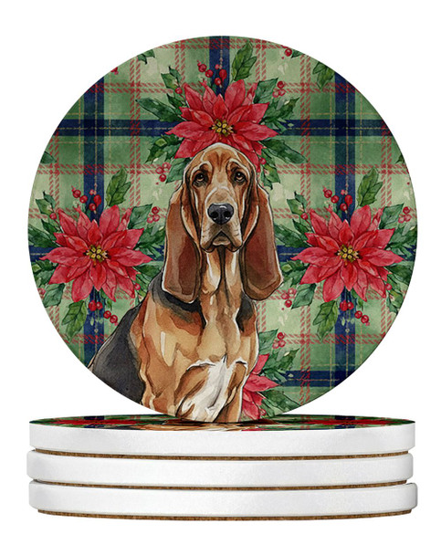 Liver and Tan Bloodhound Christmas Poinsettias Large Sandstone Absorbent Round Coasters Pack of 4 product image at NuMercy