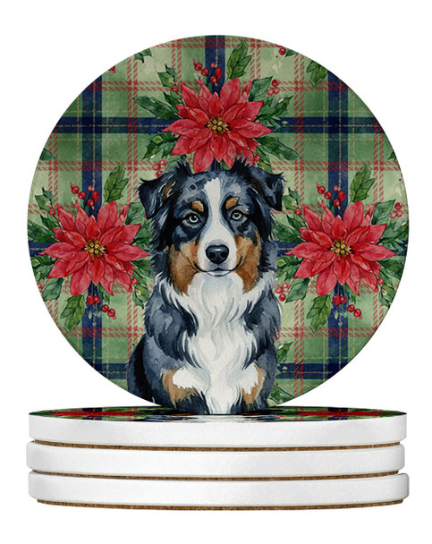 Black Australian Shepherd Christmas Poinsettias Large Sandstone Absorbent Round Coasters Pack of 4 product image at NuMercy