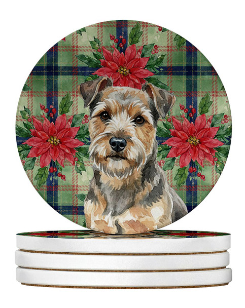 Grizzle and Tan Norfolk Terrier Christmas Poinsettias Large Sandstone Absorbent Round Coasters Pack of 4 product image at NuMercy