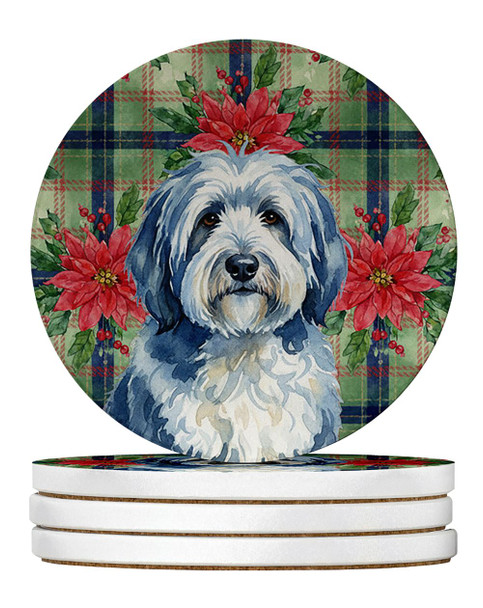 Blue and White Old English Sheepdog Christmas Poinsettias Large Sandstone Absorbent Round Coasters Pack of 4 product image at NuMercy