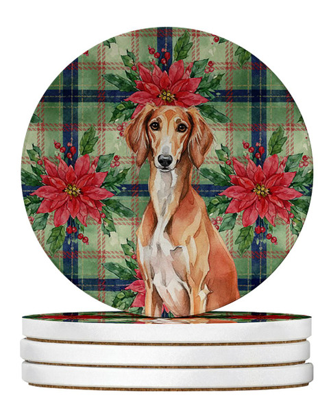 Red Saluki Christmas Poinsettias Large Sandstone Absorbent Round Coasters Pack of 4 product image at NuMercy