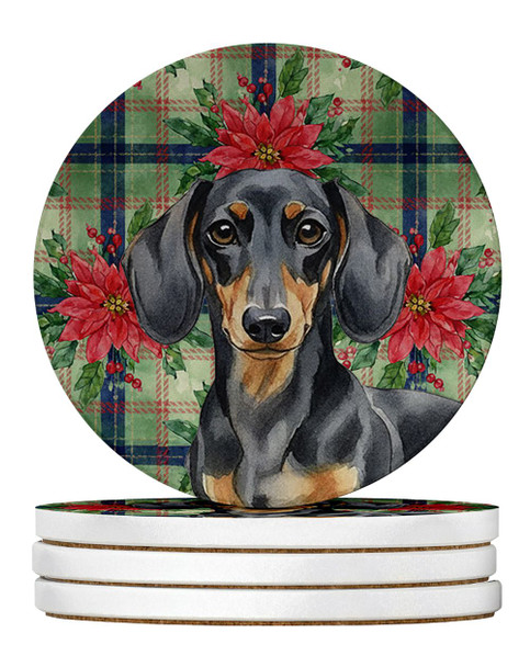 Black and Tan Dachshund Christmas Poinsettias Large Sandstone Absorbent Round Coasters Pack of 4 product image at NuMercy