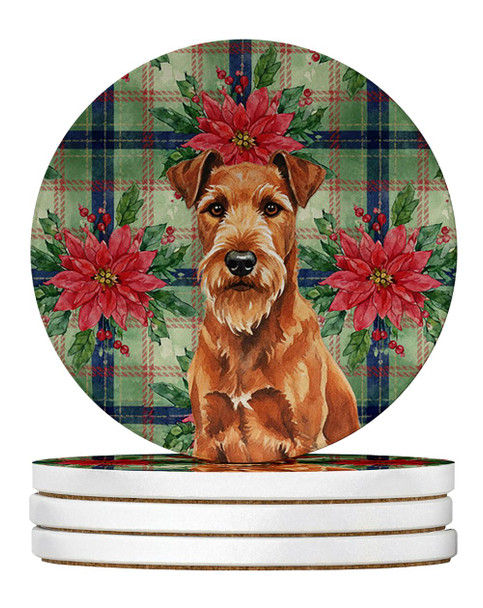 Irish Terrier Christmas Poinsettias Large Sandstone Absorbent Round Coasters Pack of 4 product image at NuMercy
