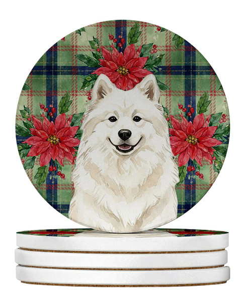 Cream Samoyed Christmas Poinsettias Large Sandstone Absorbent Round Coasters Pack of 4 product image at NuMercy