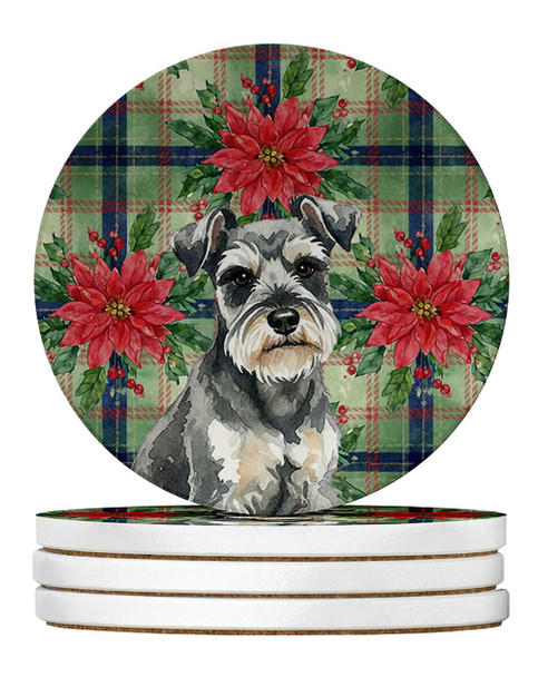 Miniature Schnauzer Christmas Poinsettias Large Sandstone Absorbent Round Coasters Pack of 4 product image at NuMercy