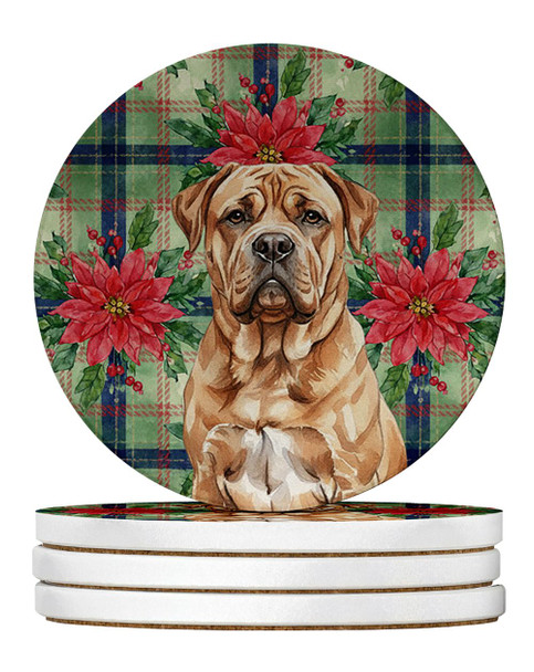 Dogue de Bordeaux Christmas Poinsettias Large Sandstone Absorbent Round Coasters Pack of 4 product image at NuMercy