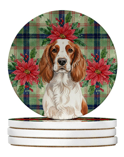 Welsh Springer Spaniel Christmas Poinsettias Large Sandstone Absorbent Round Coasters Pack of 4 product image at NuMercy