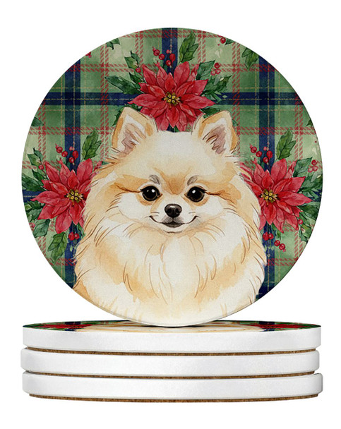 Cream Pomeranian Christmas Poinsettias Large Sandstone Absorbent Round Coasters Pack of 4 product image at NuMercy