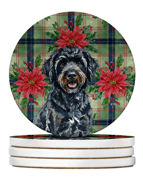Black Portuguese Water Dog Christmas Poinsettias Large Sandstone Absorbent Round Coasters Pack of 4 product image at NuMercy