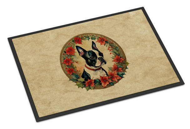 Boston Terrier Christmas Flowers Doormat 24H X 36W product image at NuMercy