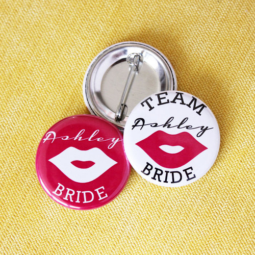 Personalized Kiss Team Bride Buttons (Set of 12)