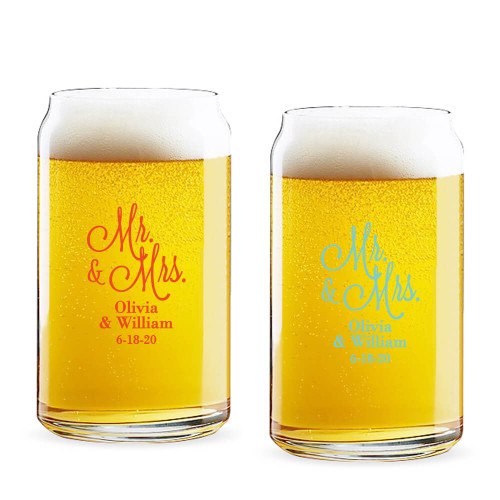 Mr. and Mrs. Cursive Personalized 16 oz Beer Can Glass