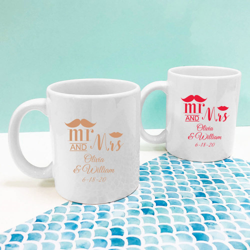 Mr and Mrs Mustache Lip Personalized 11 oz White Coffee Mug