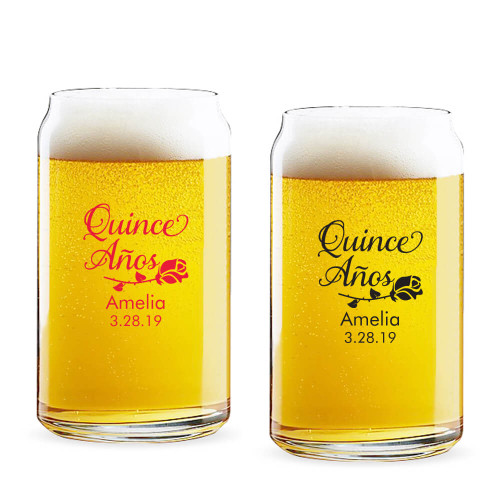 Quince AÃ±os Rose Personalized 16 oz Beer Can Glass