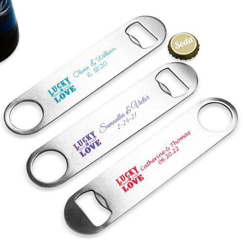 Lucky In Love Personalized Silver Oblong Bottle Opener