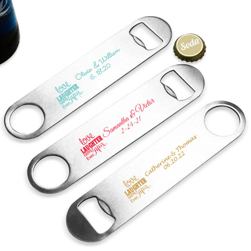 Love Laughter Happily Ever After Personalized Silver Oblong Bottle Opener