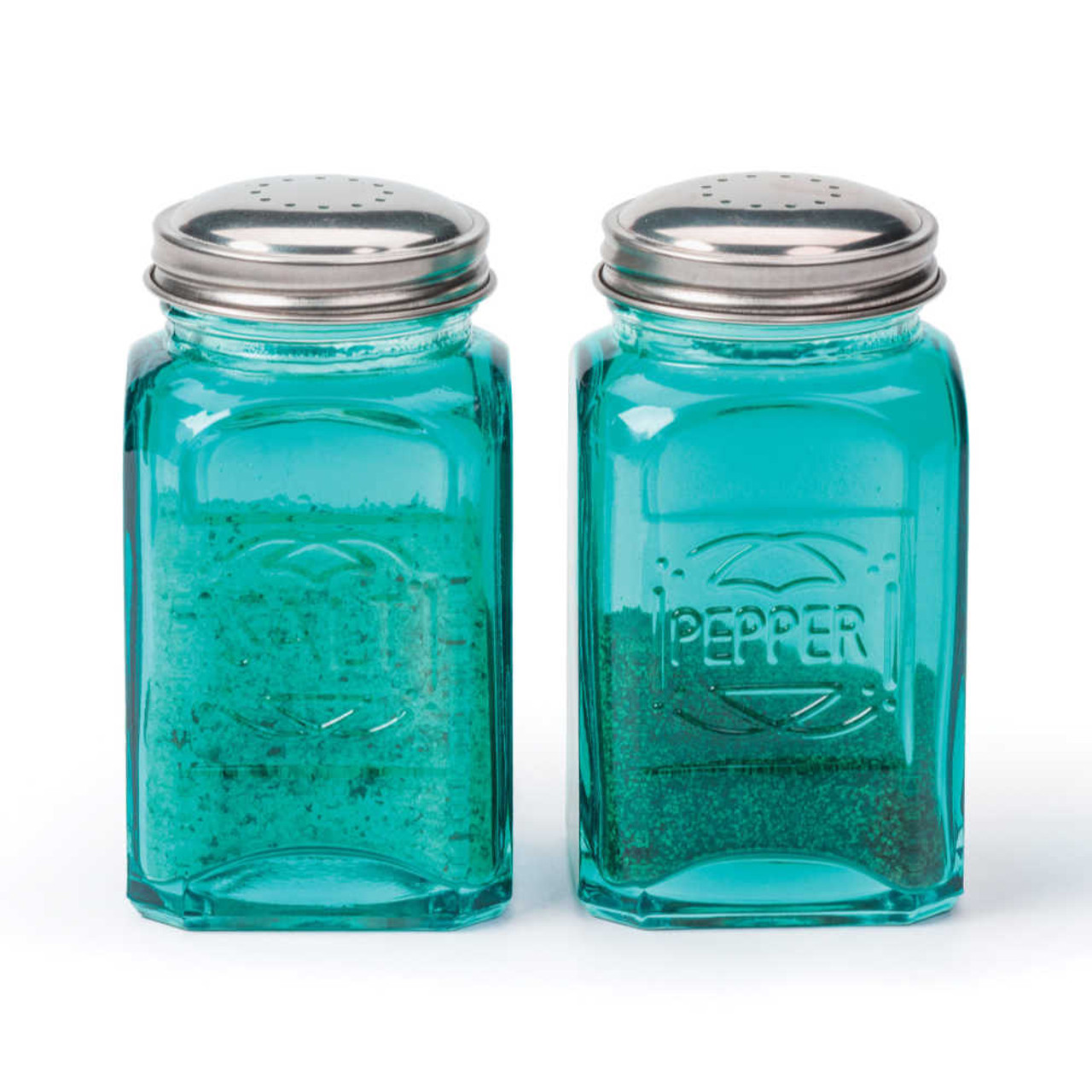 Stainless Steel Turquoise Salt and Pepper Shakers with Transparent Glass  Bottoms and Perforated S and P Screw-Off Caps (4oz)