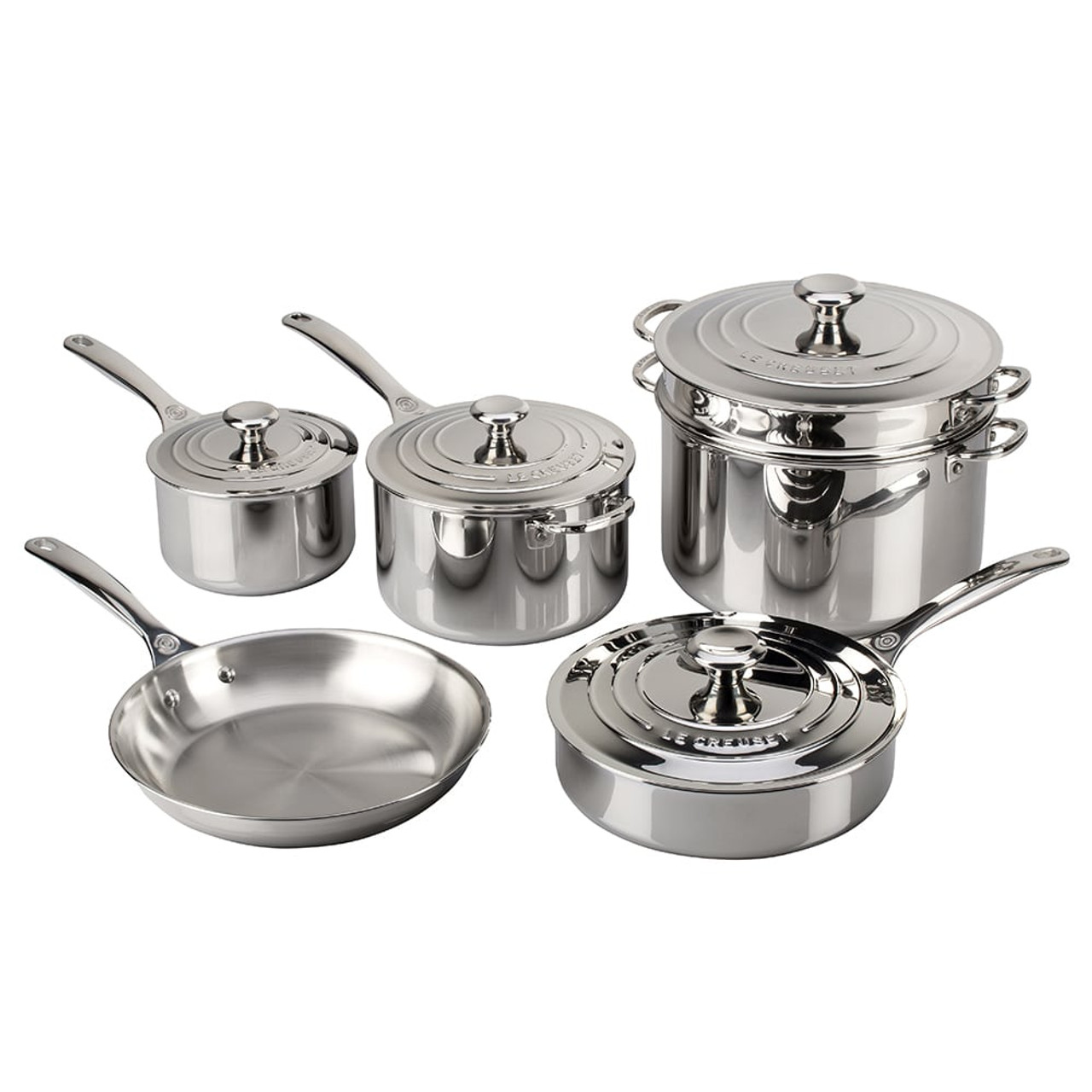 Le Creuset ~ Stainless Steel ~ 7 Piece Set (10 Fry Pan, 2 qt. Saucepan w/ Lid, 3 qt. Saute Pan w/Lid, 7 qt. Stockpot w/Lid), Price $580.00 in  Madison, MS from Persnickety