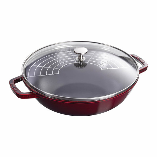 Staub Cast Iron - Fry Pans/ Skillets 10-inch, Daily pan with glass lid,  cherry