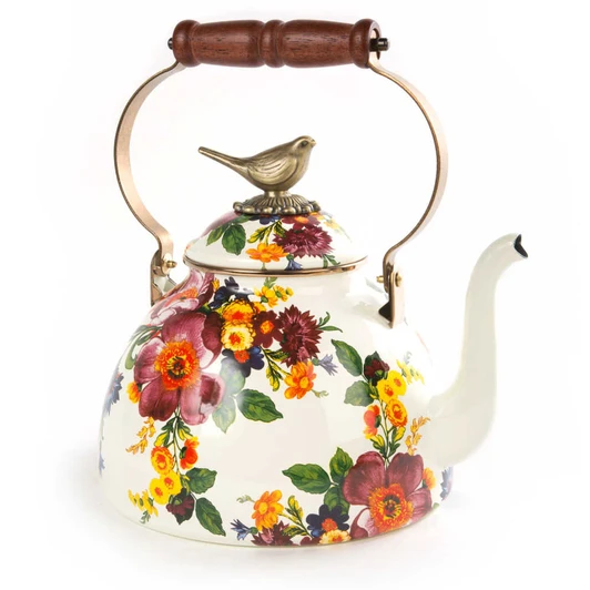 MacKenzie-Childs White Flower Market 3-Quart Tea Kettle With Bird
