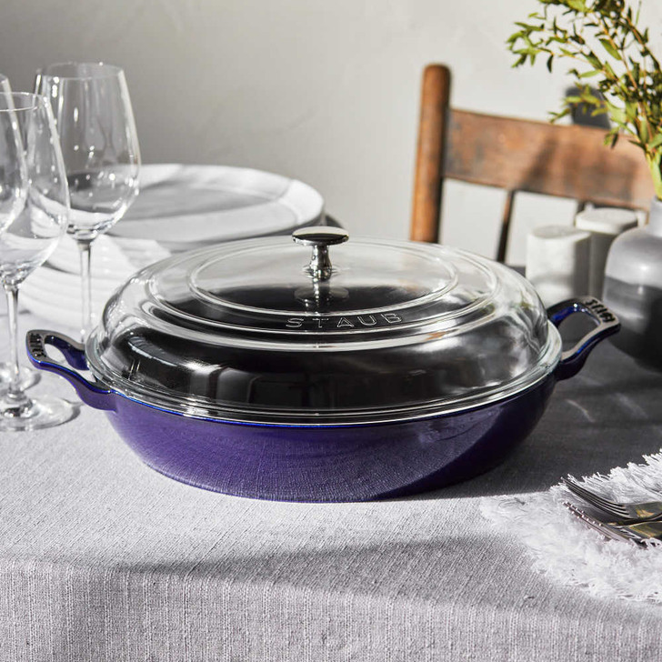 Staub Cast Iron Braiser With Glass Lid in Dark Blue