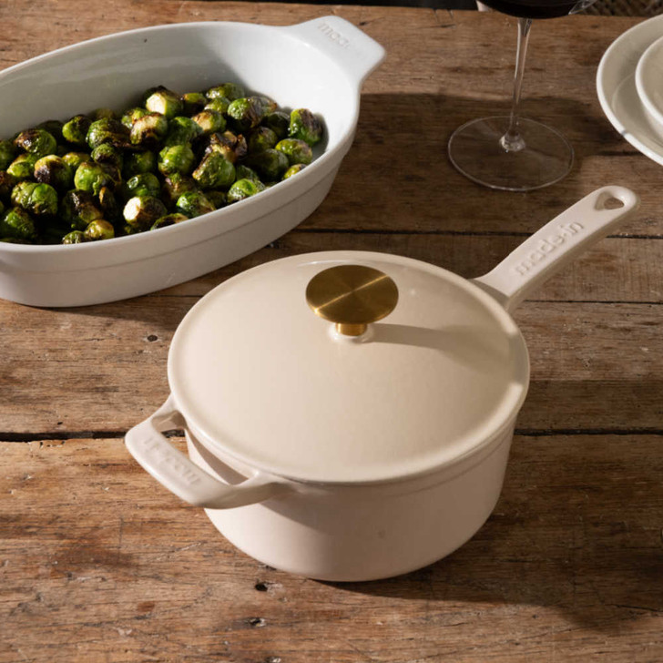 Made In Enameled Cast Iron Saucepan in Antique White