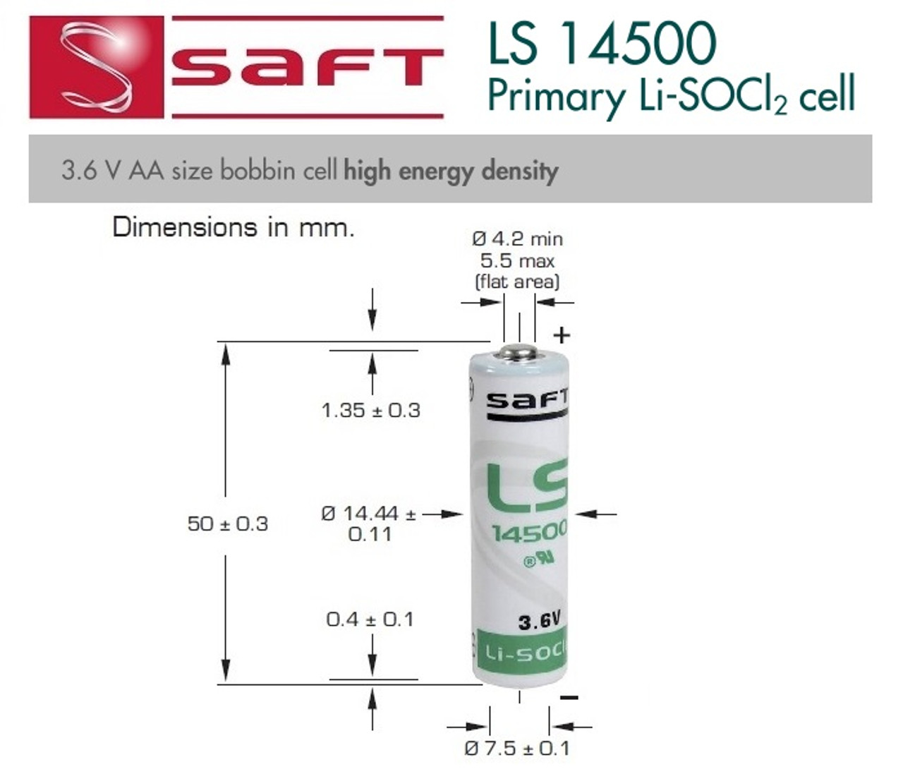 Saft LS14500 - 3.6 Volt Primary Lithium AA Battery - Saft # 700060