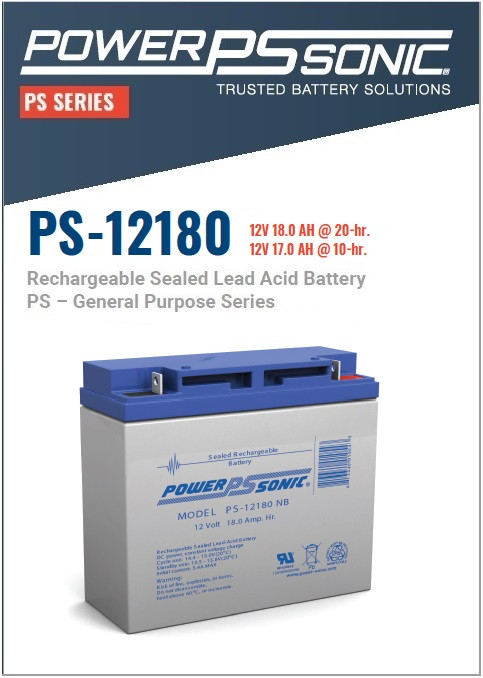 Power Sonic - PS-12180NB - 12 Volt, 18 AH Rechargeable SLA Battery