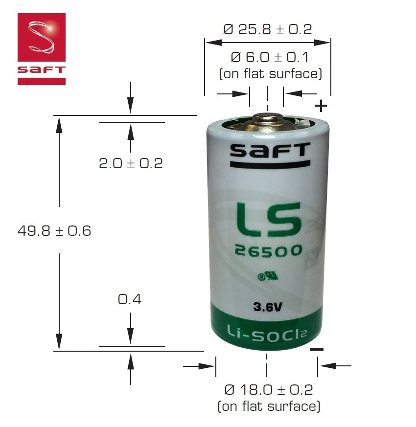 Saft LS26500 - 3.6 Volt, 7700mAh Primary Lithium C Battery - Saft